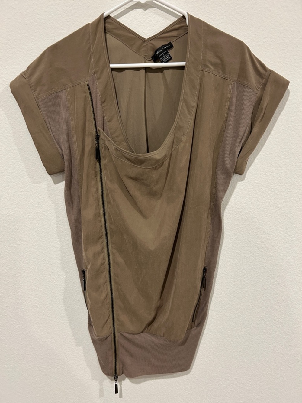 Vintage Asymmetric Zip Front Top - Olive Taupe
